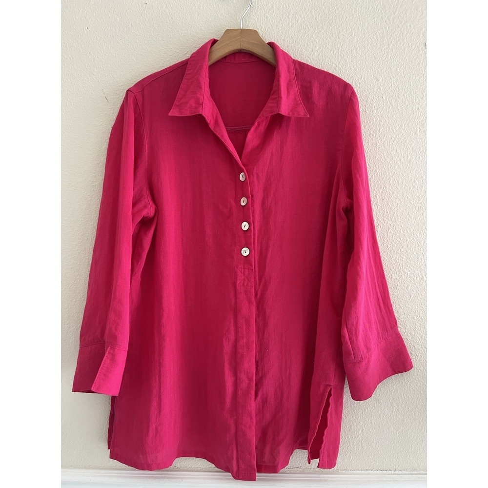Fridaze Hot Pink 100% Linen Button Up Tunic Shirt Blouse Womens Size L  Vacation